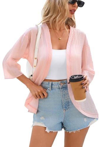 Image of Womens Casual Lightweight Cardigans Open Front 3 /4 Sleeve Cardigan Summer Cover Up(Large, Light Pink)