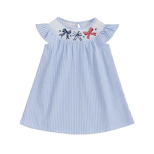 GINEVSAL Little Kids Toddler Girl 4th of July Outfits Smocked Bow Embroidery Fly Sleeves Stripe A-line Dress 1 2 3 4T