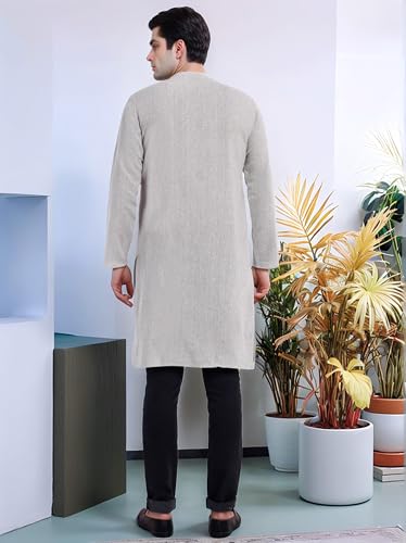 SKAVIJ Men's Handloom Cotton Solid Round Neck Henley Long Sleeves Knee Length Casual Shirt2