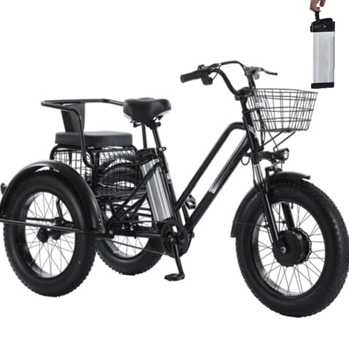 Triciclo eléctrico para Adultos, neumáticos Anchos de 20', batería extraíble de 48 V/12 Ah, Capacidad de Carga de 200 kg, Cesta de la Compra y Asiento Trasero para niños, autonomía de 35 km,