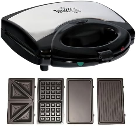 Total Chef 4 in1 Grill Waffle Maker - Mini Belgium Gaufrier, Sandwich, Panini Press Machine, Electric, Non-Stick Removable Plates, Easy To Clean Countertop Cooking Kitchen Appliance For Breakfast