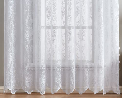 Decosource - Semi Sheer 102" Extra Wide X 84" Long Lace Curtains For Patio Doors With Attached Valance And Tassels - English Rose Design - Sliding Door Panel (1 Panel 102" W X 84" L Each, White) #TOP2