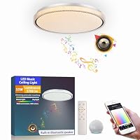 chysongoods Plafonnier musical LED MW 50 cm, abat-jour effet grain de bois, compatible avec Alexa, haut-parleur Bluetooth intégré, effet de lumière RVB, intensité variable, avec télécommande