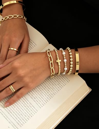 Image of Chunky Gold Bangle Bracelets for Women, Dainty 14k Gold Plated Big Stackable Bangles Set, Trendy Statement Cuff Bracelet Stack Fashion Jewelry Gifts