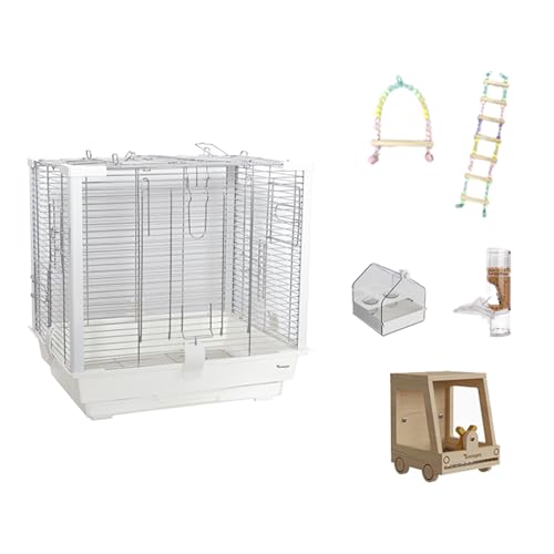 KoiFlow 鳥かご 鳥ケージ バードゲージ バードパレス 中型 鳥小屋 複数飼い 天窓付き 止まり木付き 餌入れ付き おもちゃ付き 引き出しトレー お手入れ簡単 オウム セキセイインコ オカメインコ 文鳥 46x36x45cm セット-3