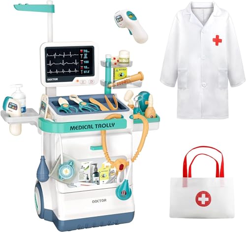 AIQI Medizinisches Spielzeug Set Kinder, 28-teiliges Arztspielset mit Medizinischer Wagen Sound und Lichtfunktionen, Rollenspiel Puzzle Spielzeug Geschenk für Jungen und Mädchen ab DREI Jahren
