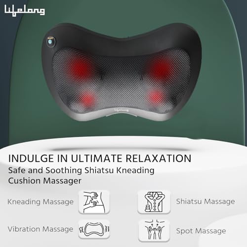 Image of Lifelong Cushion Massager and Body Massager with Heat and Strong 8 Deep Kneading nodes for Back, Neck, Shoulders Muscle Pain Relief and Portable Massager (Black)