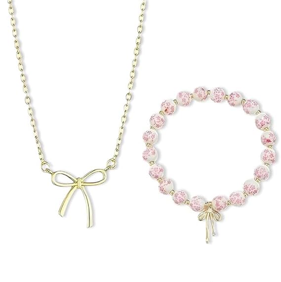 Pink Bow Bracelet Necklace Set – Bow Charm Jewelry Set for Women, Coquette Romantic Style, Perfect Valentine's Day,jewelry set-image-21