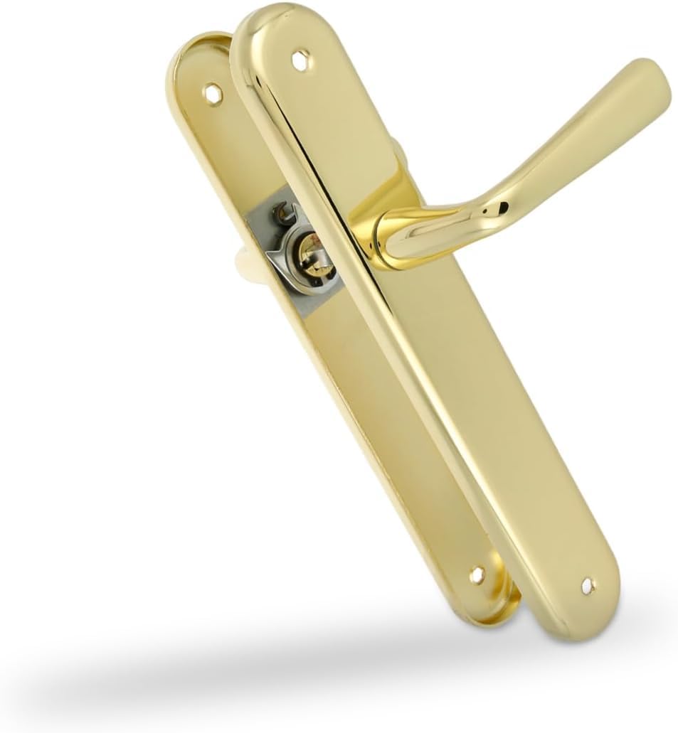 Amig - Juego de Manillas de Placa de Latón - Modelo 252P Medida: 250 x 40 mm - Cuadradillo de 8 mm - Resistente a la Corrosión, Incluye tornillería - Acabado: Latonado barnizado