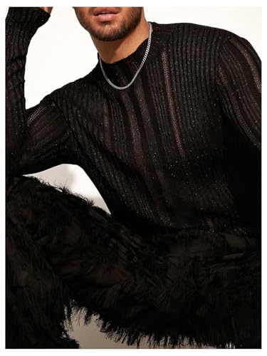 WDIRARA Men's Hollow Out Sheer Sweater Crew Neck Long Sleeve Knitwear Party Sexy Pullover Tops4