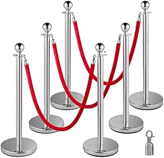 VEVOR 6 PCS Stainless Steel Stanchion Post Queue Red Rope Retractable 38In Silver Crowd Control Queue Line Barriers (Silver-Red Rope)