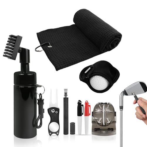 Golf Accessories Kit Club Cleaner Brush with Water Spray Bottle Microfiber Groove Cleaner Golf Ball Cleaner Pouch Golf Towel Set - Ideal Golf Gift for Men