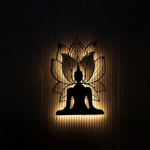 Image of METSY Mild Steel Black powercoated LED Buddha Wall Art with Lotus Design - Spiritual Metal Wall Decor for Home, Meditation Room & Office(91.5x65) CM