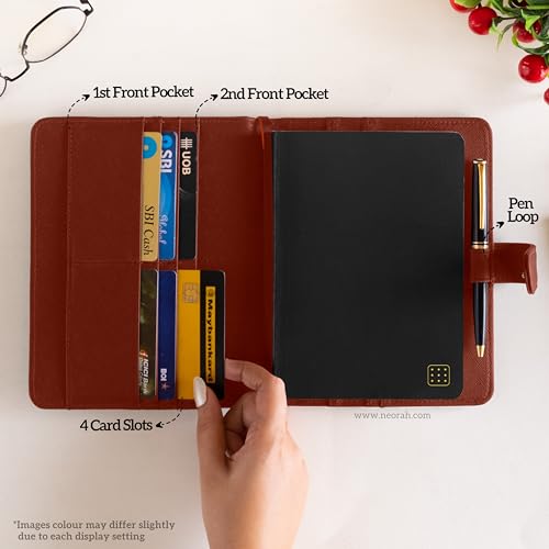 Image of NEORAH - B6 Notebook SLEEVE with SNAP Button + Dotgrid JOURNAL | Faux Leather Sleeve + Penloop | 2 Front 1 Back compartment | 6 Card Slots -BROWN