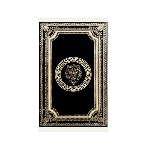 Belle Arti Tapis Design tête de Lion de qualité supérieure - pour Salon, Chambre à Coucher, Salle à Manger - Noir et doré - Poils Courts antidérapants...