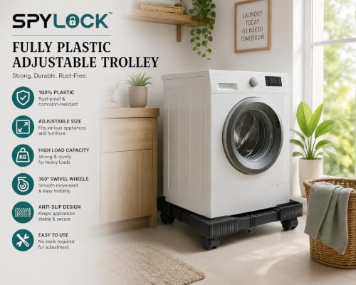 Image of Adjustable Plastic Appliance Trolley - 17-24 Inch Base, Heavy Duty 360 Wheel Stand for Top Load Washing Machines up to 6.5 KG, Single Door Refrigerators Dishwashers, 210 KG Capacity