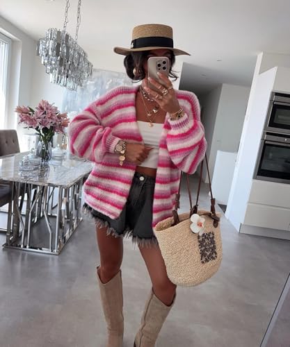 CHARTOU Women Contrast Color Striped Cardigan Sweater Fall Oversized Slouchy Open Front Knit Sweater Jacket3