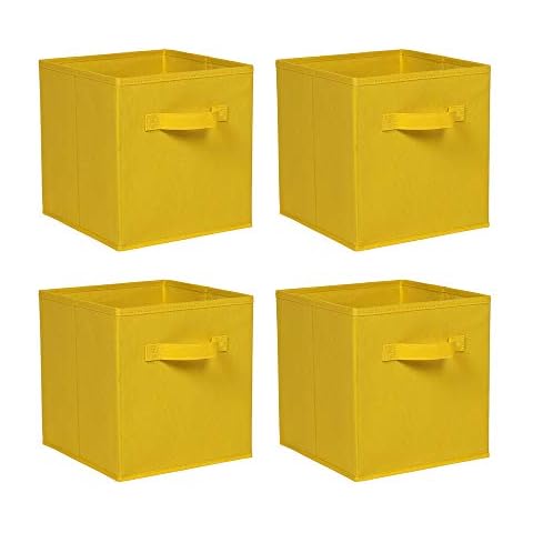 Ansley&HosHo-EU Set of 4 Storage Box Cube Wardrobe Storage Organiser Fabric Collapsible with Handle for Kids Toys Clothes Laundry Underwear Bedroom, Yellow Cover