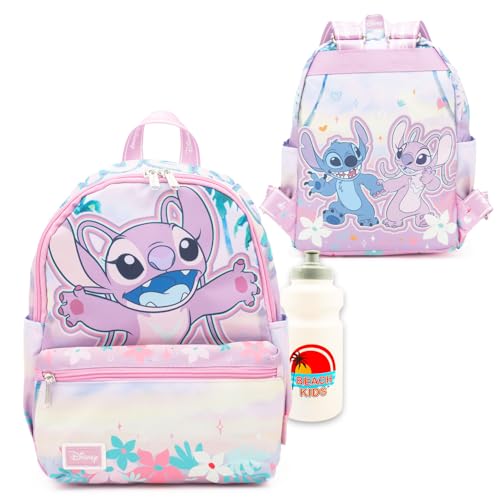 Mochila Angel From Lilo and Stitch para crianças – Pacote com mochila escolar Lilo e Stitch Angel de 33 cm com bolso frontal, garrafa de água | Mochila Disney Angel para escola, Multicor, Disney Lilo