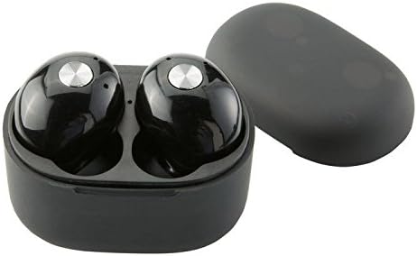 Close-up of black Brookstone Big Blue True Wireless Earbuds inside their charging case
