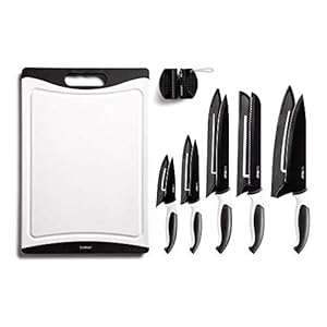 EatNeat 12 Piece Kitchen Knife Set – 5 Black Stainless Steel Knives with Safety Sheaths, a Cutting Board, and a Sharpener, Razor Sharp Cutting Tools that are Kitchen Essentials for New Homes