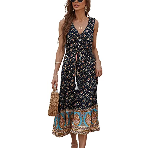 Image of BROVAVE Women Summer Bohemian Floral Print V Neck Sleeveless Sundress Flowy Casual Midi Dress