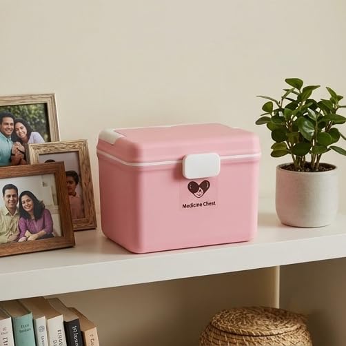 Image of HomeCloud Plastic First Aid Box with Tight Lock Mechanism & Convenient Handle | Multi-Purpose Medicine Storage Organizer for Medicines, Bandages, Ointments & Medical Tools (Dark Pink)