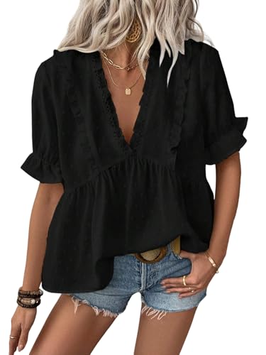 LALAGEN Womens Blouses Laser Cut Deep V-Neck Puff Sleeve Blouse Tops 2025 Summer Boho Dressy Casual Swiss Dot Babydoll Shirts
