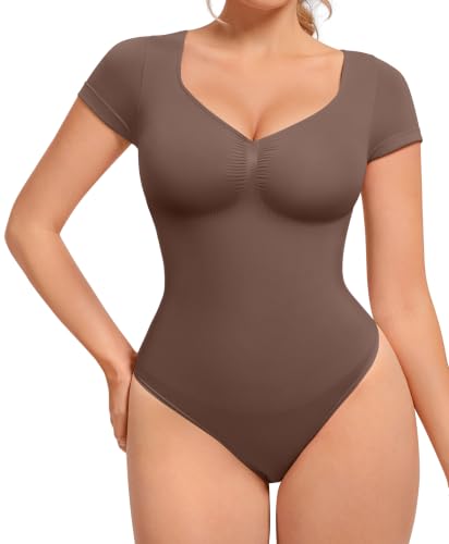 Image of FeelinGirl Short Sleeve Shapewear Bodysuit for Women V Neck Tummy Control