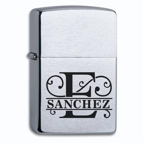 Mechero de Gasolina con Iniciales y Nombre Grabado Compatible con Zippo Cromo Cepillado, Personalizado, Encendedor de Iniciales Individuales con Split Letter