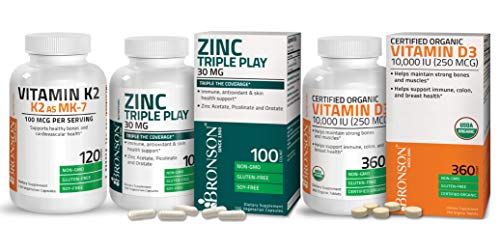 Bronson Vitamin K2 As Mk-7 Menaquinone 100 Mcg 120 Capsules + Vitamin D3 10,000 Iu 360 Tablets + Zinc Triple Play 30 Mg 100 Capsules #TOP6