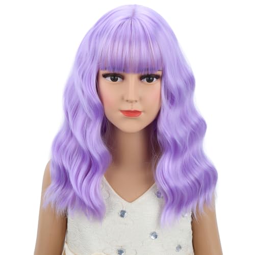 Image of Girls Lavender Purple Wig Child Short Light Purple Wavy Curly Wig Kids Wigs with Air Bangs Heat Resistant Synthetic Wigs with Cap