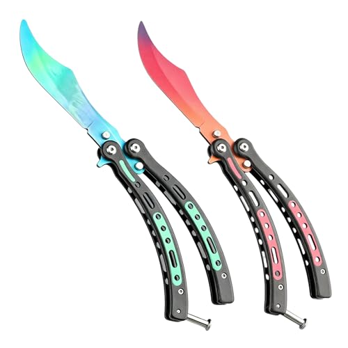 Vetolaka - Juego de 2 cuchillos de mariposa de entrenamiento, cuchillo de mariposa plegable, abrebotellas de acero inoxidable, hoja sin afilar, peine mariposa, herramienta multifunción, para
