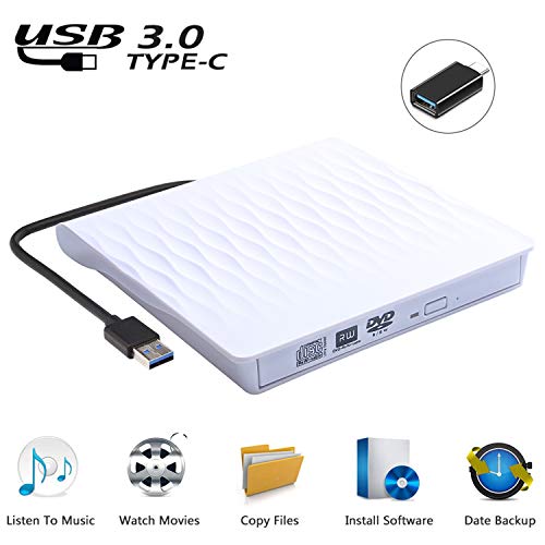 USCVIS Grabadora de Lector CD/DVD Externa USB 3.0 y Tipo C, CD Externo para Portatil, Unidad de CD/DVD/RW/CD ROM Externa Ultra Slim para Win 10/8/7/Linux/Macbook/Desktop