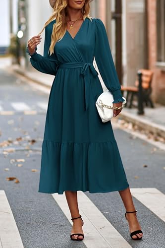 Image of PRETTYGARDEN Women's Floral Boho Dress Fall Long Sleeve Wrap V Neck Ruffle Flowy Maxi Spring Wedding Guest Vacation Dresses