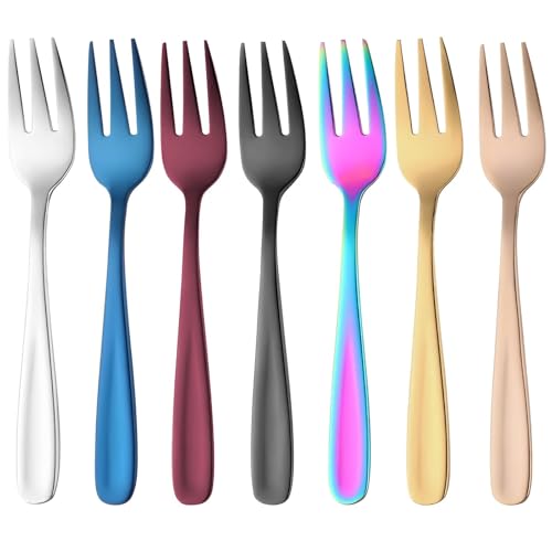 HTRTRR Kuchengabeln Set 7 stück, Edelstahl 18/10 Dessertgabeln, Bunte Mini Tortengabeln, Bunte Kuchengabeln für Snacks und Obst,für Zuhause, Büro, Geschäft, Hochzeitsfest Dessert