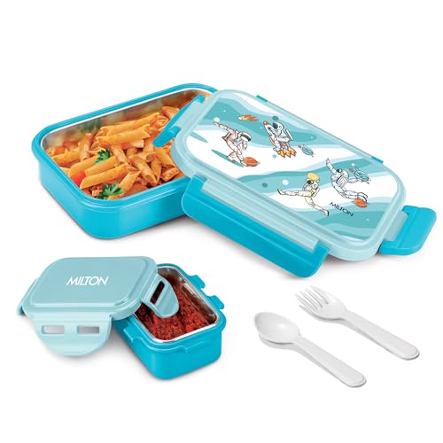 MILTON Candy Steel Tiffin Lunch Box for Kids with Inner Stainless Steel Container I Leak Proof Tiffin Box with Spoon & Fork | BPA-Free, Compact & Durable I for School, Picnic, 520 ml, Sky Blue