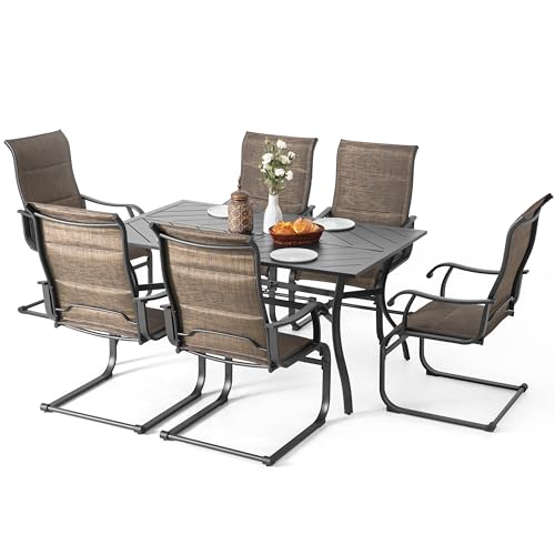 Image of NUU GARDEN 7 Piece Patio Dining Set, 6 Padded Textilene Chairs and 61 Inch Rectangular Table with Umbrella Hole, Outdoor Dining Furniture for Garden and Patio, Brown and Black