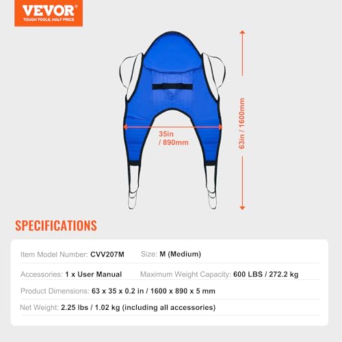 Image of VEVOR Patient Lift U-Sling with Head Support- Medium Size, Divided Leg Transfer Sling for Bathing, Patient Lift Medical Sling for Elderly, Disabled, Bedridden, 600LBS