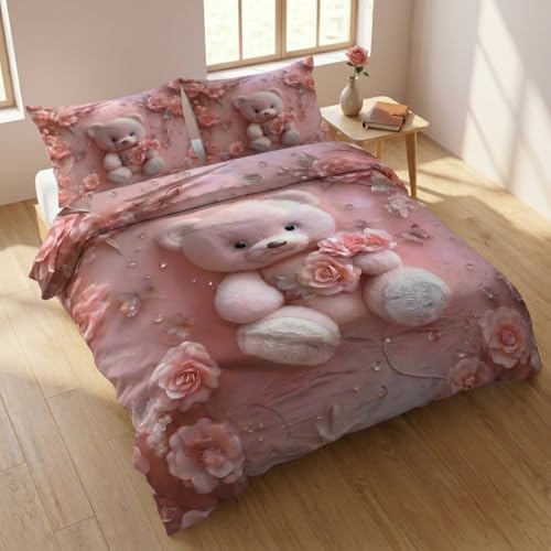 Image of Teddy 7D Printed Bedsheet for Double Bed | Glace Cotton 7D Digital Print | 90x100 Inch (228x254 cm) | 1 Bedsheet + 2 Pillow Covers | Soft, Breathable & Vibrant Colour Bedding Set