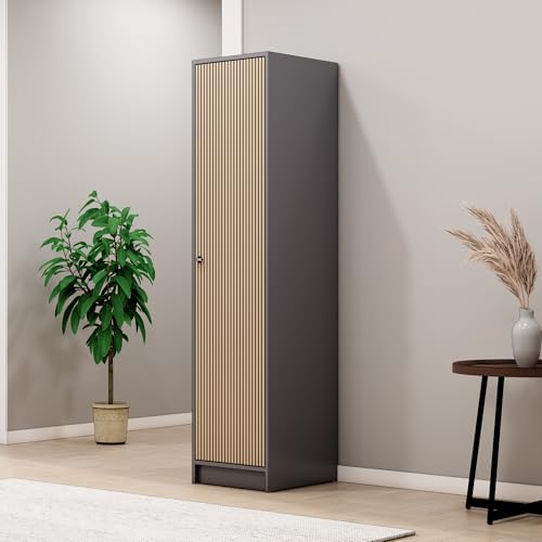 Image of Bniture Luxe 1 Door Wardrobe for Bedroom | Almirah for Clothes with 3D Textured Panels | Cupboard for Bedroom with 4 Shelves & Integrated Handle | Wooden Wardrobe with Elevated Base, Grey & Giant Wood