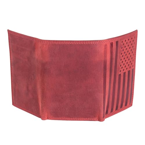 Image of ASAD Leather Slim Everyday Trifold Wallet with ID Window and Multiple Card Slots | Genuine Leather Double Stitched RFID Blocking Stylish | Gift for Him | Bordo Crazy Horse American Flag Design