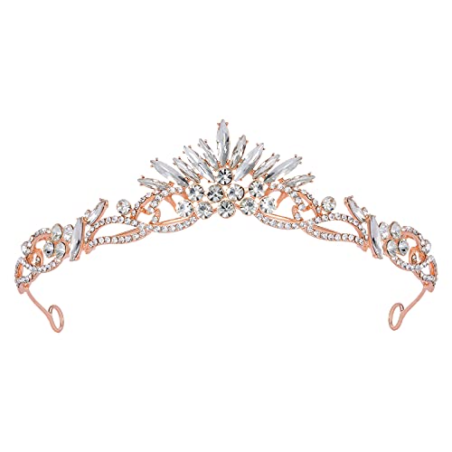 SWEETV Rose Gold Tiaras and Crowns for Women & Girls, Wedding Tiara for Bride, Crystal Princess Birthday Crown, Costume Hair Accessories for Prom Cosplay Party