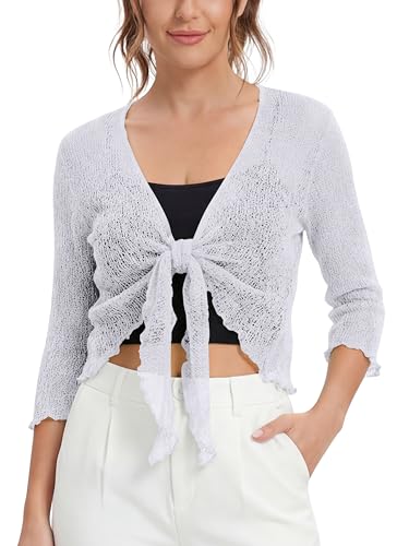 Love My Fashions Womens Fish Net Knitted Tie Up Bolero Shrug Top Ladies 3/4 Sleeve One Size Fits All White