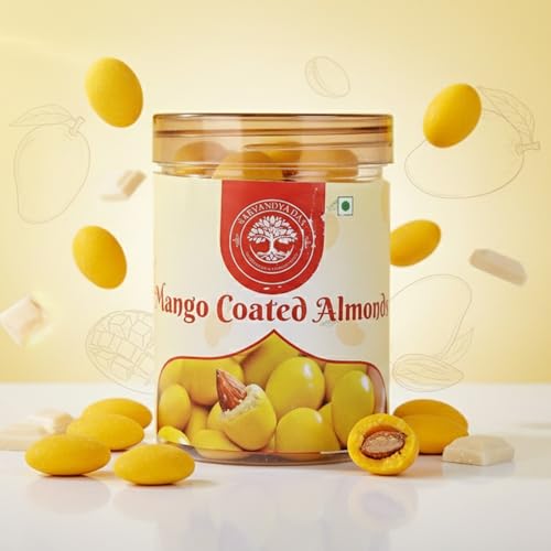 Image of Sarvandya Das Delicious Mango Coated Almonds | Premium Almonds Coated with Rich Milk Chocolate & Natural Tropical Mango Flavour | Crunchy Roasted Mango Badam Nuts | Healthy Sweet Snacks | 400g