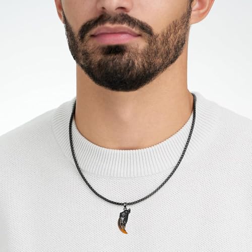 Collier loup argent avec pendentif dent de loup en obsidienne