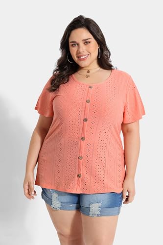 RITERA Plus Size Tops for Women Crewneck Neck with Button Up Short Sleeve Embroidery Henley Tshirt Casual Basic Shirt XL-5XL2