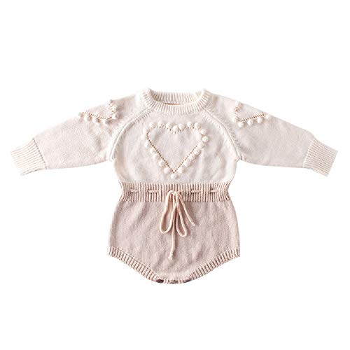 Toddler Baby Girl Knitted Romper Jumpsuit Winter Outfit Onesie Long Sleeve Button Warm Bodysuit Clothes Set Sweaters Clothing (Apricot Pompon loveing Heart Bodysuit, 6-12 Months)
