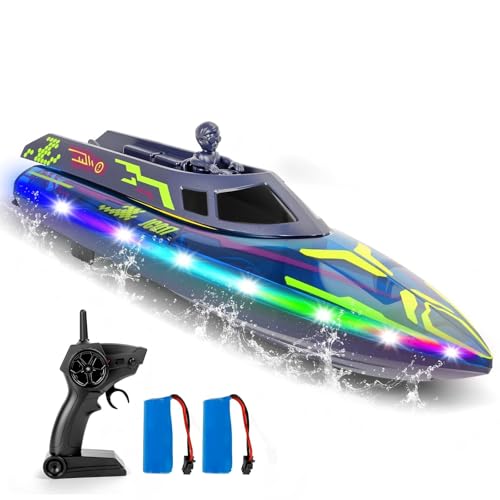 RC Boat with LED Light 40+ Mins Self Righting Remote Control Boat for Pools & Lakes 15+ MPH 2.4GHz Racing Boats 2 Battery Pool Toys for Kids Radio Controlled Watercraft