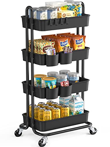 Pipishell 4-Tier Rolling Cart, Utility Cart With Lockable Casters, Pp Plastic Storage Baskets, Hanging Cups & Hooks, Rolling Cart For Living Room, Bedroom, Kitchen, Bathroom, Art Studio(Black) #TOP11